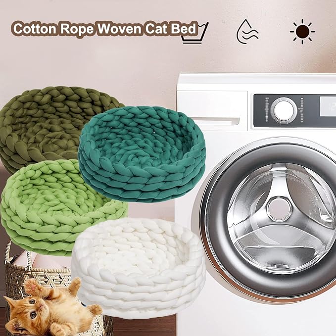 Woven Dog Bed Basket Knitted Cotton Cat Bed Round Washable Green 2,19" | Chunky Dog Basket Orthopedic Chunky Knit Dog Best, Dog Cave