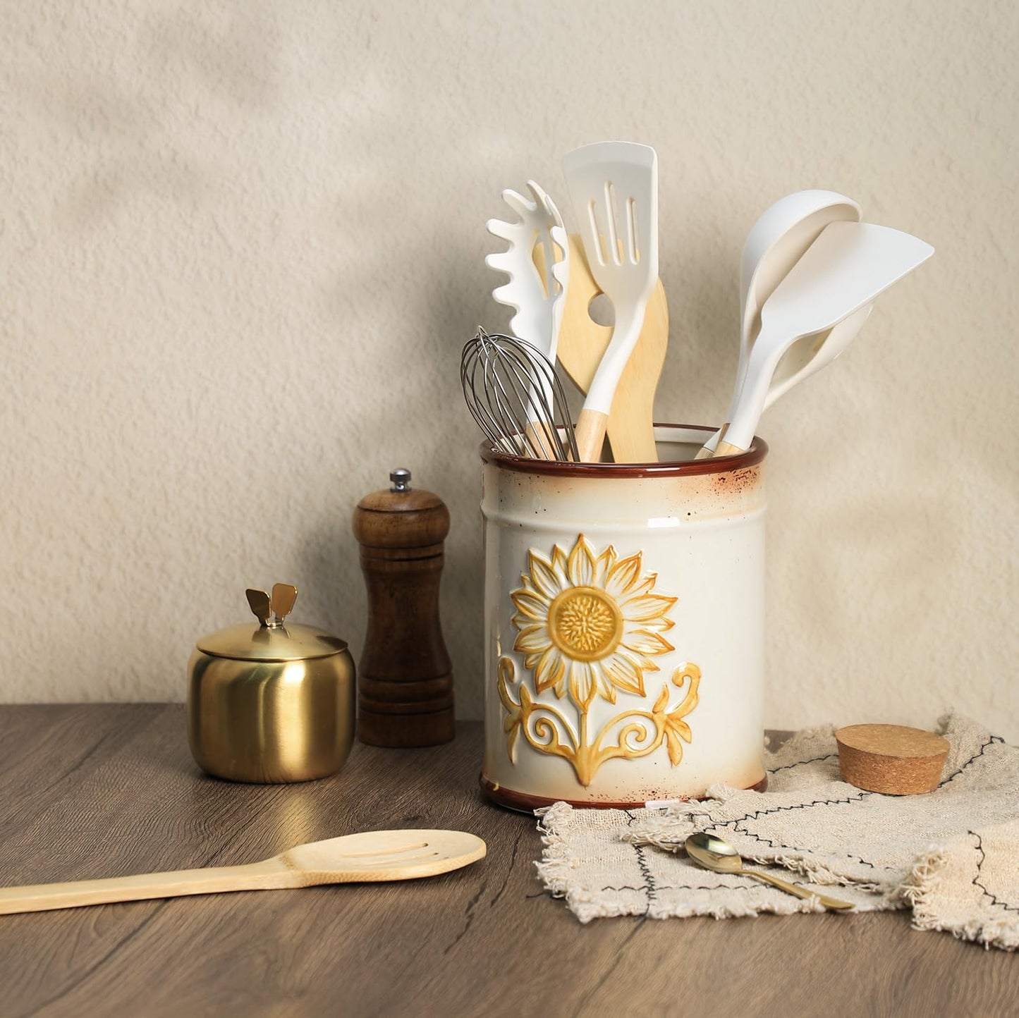 SOCOSY Ceramic Retro Sunflower Embossed Kitchen Utensil Holder, Large Cooking Utensil Crocks for Kitchen Countertop, Utensil Organizer
