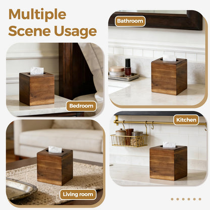 KALEKAIL Wood Tissue Box Cover， Acacia Wood Tissue Box Cover Square, Decorative Cube Facial Wooden Tissue Box Holder with Slide-Out Bottom for Bathroom, Bedroom, Dinner Table, Office, Kitchen