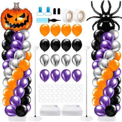 Kasyat 2 Sets Halloween Balloon Column Stand Kit with Scary Pumpkin Spider Foil Balloon Orange Purple Black Silver Arch Garland Kit for Spooky Birthday Party Halloween Theme Decoration