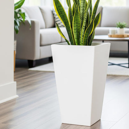 Worth Garden 20" Tall Planters Set of 2 – Large White Tapered Plastic Flower Pots for Indoor & Outdoor Use – Modern Plant Containers with Drainage Holes – Ideal for Front Porch, Patio, Balcony