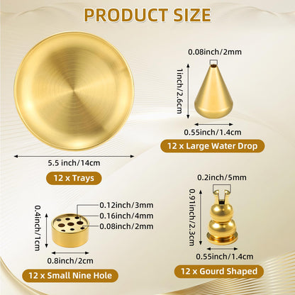Baderke 12 Set 4 in 1 Incense Burner 5.5 Inch Brass Incense Holder for Sticks Coil Cones Brass Ash Catcher for Meditation Yoga Room, Home Fragrance Decoration