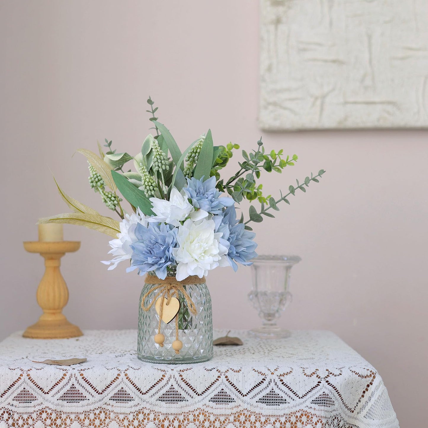 Faux Flowers with Vase,Artificial Silk Flowers in Vase, Fake Plant Eucalyptus and Willow,Flower Arrangement for Home Farmhouse Dining Table Centerpiece Decorations Coffee Table Decor (Dusty Blue)