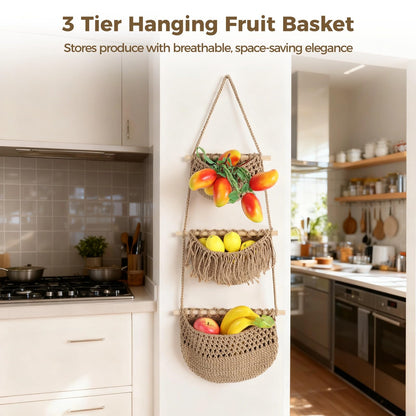 2 Pcs 3 Tier Hanging Fruit Basket for Kitchen - Natural Cotton Rope Wall Storage Baskets, 35.4 Inch Long Hanging Produce Organizer, Decorative Bohemian Style Kitchen Decor