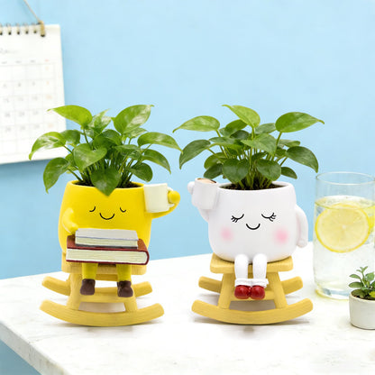 YOUOIVIA Rocking Chair Face Planter, Cute Coffee Plant Pots for Indoor Outdoor, Resin Funny Planter with Drainage, Unique Cactus Succulents Flower Pot, Desk Plant Table Top Decor, Home Gifts (White)