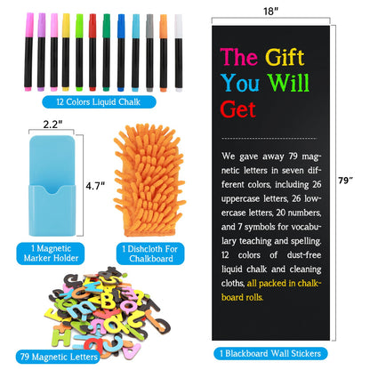 Ykall Magnetic Chalkboard Contact Paper for Wall, 79"x18" Self-Adhesive Blackboard Wallpaper Peel and Stick Wall with 93 Pcs Kit for Kids, Magnet Wall Sheet with Kit for Home Playroom