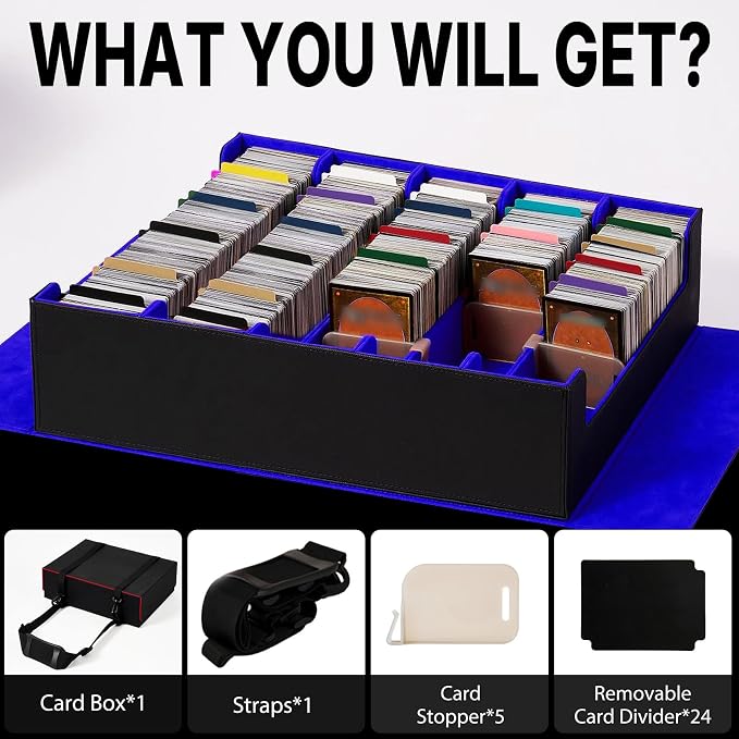 Magnetic Leather Trading Card Storage Box - 5-Row Deck Case Design, 3900+ Capacity for YuGiOh, MTG, TCG and Sports Cards, Includes 24 Colorful Dividers & 5 Card Supports（ Black/Blue）