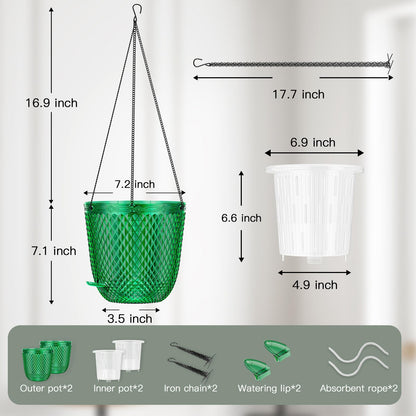 QCQHDU Hanging Planters for Indoor Plants, 2-Pack 7.2 Inch Self Watering Hanging Pots, Plastic Plant Hanger with Drainage Holes and 3 Hooks Chains for Garden Home (Emerald)