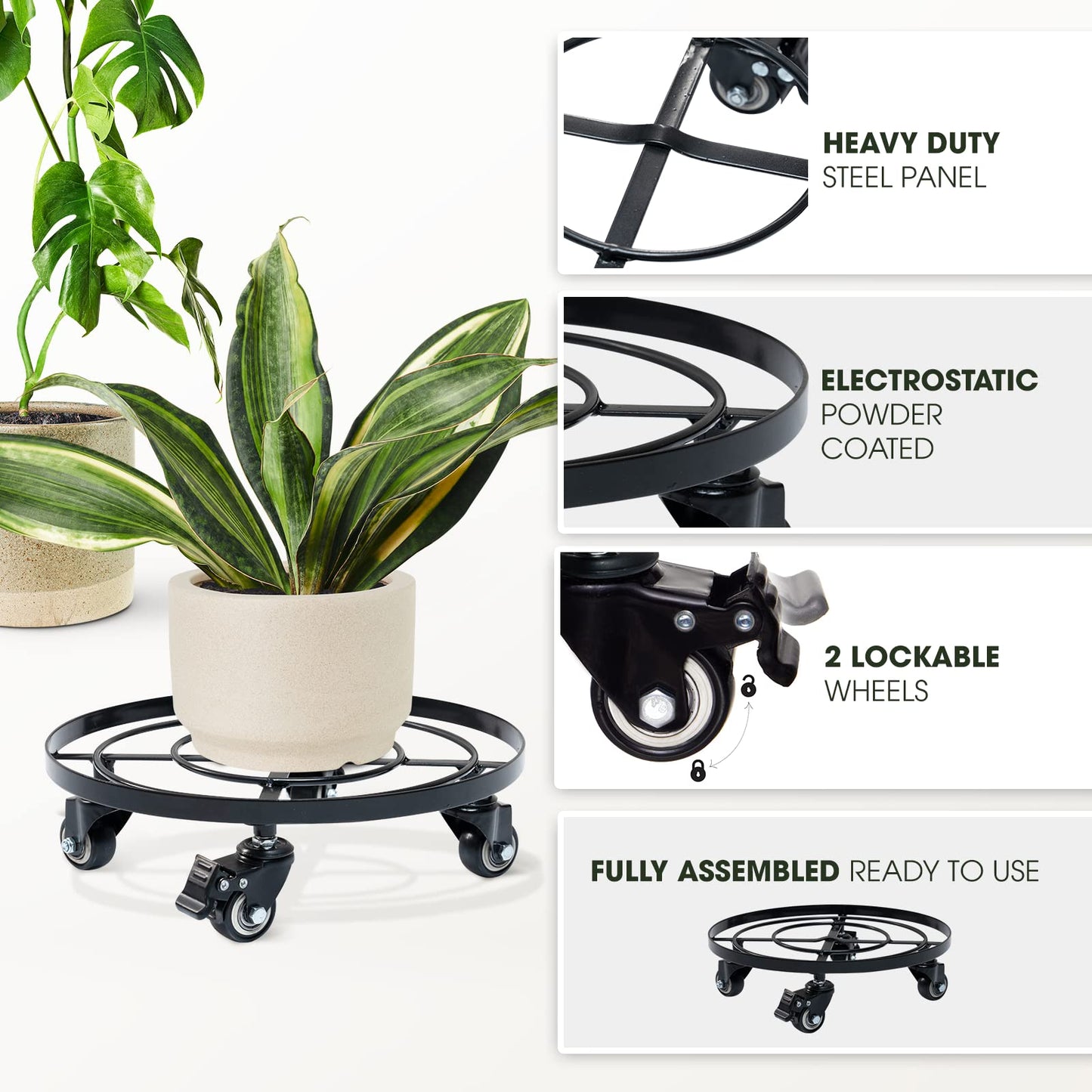 Idzo Round Heavy Duty Plant Caddy with Wheels, Cast Iron Plant Dolly, Plant Stand with Wheels, Load Capacity 180 Lbs, Repositioning Heavy Pots, Hauling Heavy Household Items, 12 Inch - Black