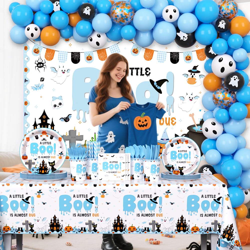AIBIIN Halloween Baby Shower Decorations for Boys, A Little Boo is Almost Due Blue Balloons Garland Arch Kit with Backdrop Tableware Set for Newborn Party Decor Supplies