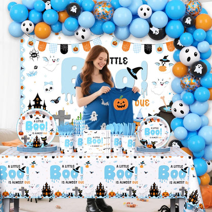 AIBIIN Halloween Baby Shower Decorations for Boys, A Little Boo is Almost Due Blue Balloons Garland Arch Kit with Backdrop Tableware Set for Newborn Party Decor Supplies