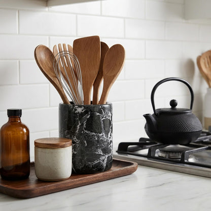 Radicaln Marble Utensil Holder 6.5" Inches Black Handmade Spatula Set for Kitchen Counter, Cooking Utensils Jar & Kitchen Essentials Organizer, Ideal Utensil Caddy & Spoons Holder