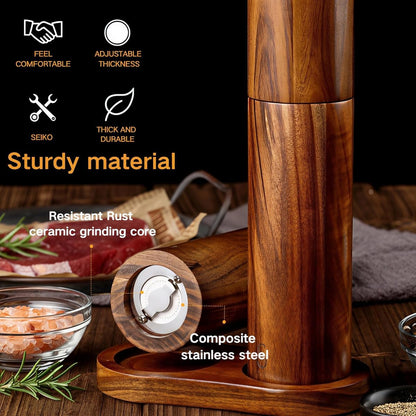 Wooden Salt and Pepper Grinder Set with Tray, 8 Inch Manual Mills, Adjustable Coarseness & Refillable, Gold Bottle Label, Natural Wood for Kitchen, Home, Christmas Gift