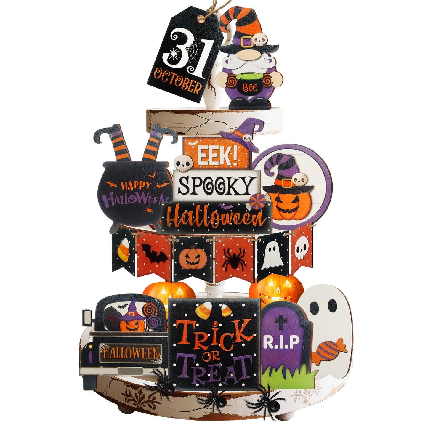 15 Pcs Halloween Tiered Tray Decor Set, Cute Pumpkin Ghost, Halloween Wooden Layered Tray Decorations, in a Rustic Style, Great Items for Party Tables