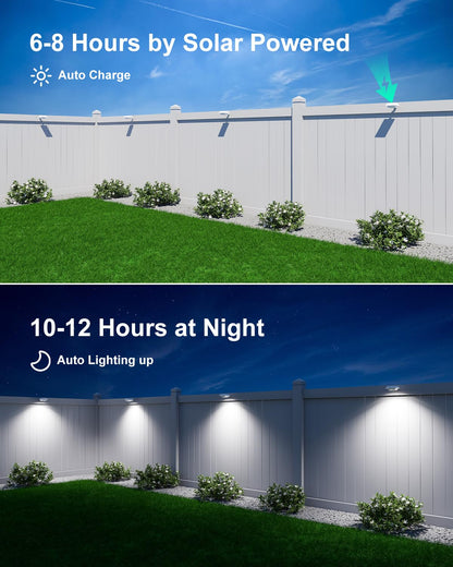 4 Pack White Solar Powered Gutter Lights Outdoor Decorative Waterproof 12 LEDs Yard Lamp for Lighting Fence, Railing, Outside Wall, Deck, Garden, Path, Backyard, Walkway, Patio, Holeless Installation
