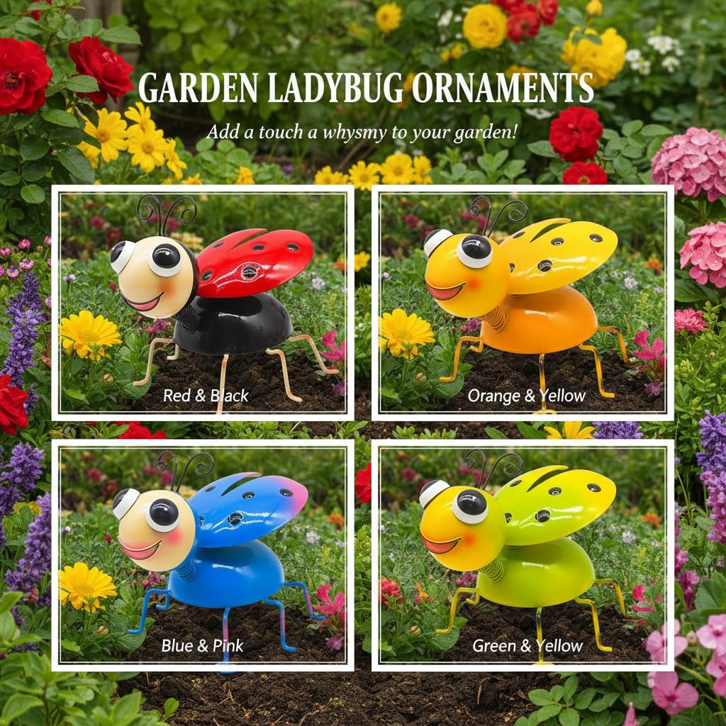 Cruis Cuka Metal Yard Art Garden Decor for Outside Cute Coloful Ladybugs Lawn Patio Ornaments Backyard Decorations Garden Gifts for Mom - Set of 4