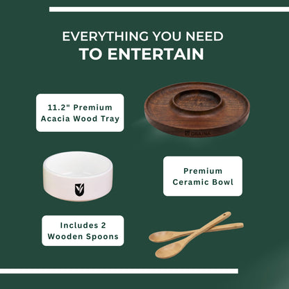 Graina Premium Wooden Chip and Dip Serving Tray Set – Dark Walnut Large Serving Tray with Ceramic Dip Bowl & 2 Wooden Spoons – Chip and Dip Bowl Set for Chips, Snack & Entertaining | Appetizer Platter
