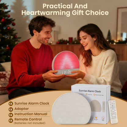 JONRRYIN Sunrise Alarm Clock Tap Snooze, 37 Sounds White Noise Machine Gentle Wake Up Light with Bluetooth, Remote, USB Charging & 15 Color Night Lamp, Sunlight Alarm for Heavy Sleeper Bedroom Gift