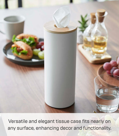 Yamazaki Home Rin Reusable Round Tissue Holder Case, Metal Tissue Container with Wooden Lid - Large - Steel + Wood