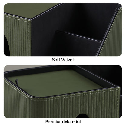 PU Leather Square Tissue Box Cover with Magnetic Closure, Tissue Holder with Storage Tray & Remote Control Organizer, for Nightstand, Living Room, Bathroom, Office Desk (Green Stripes)
