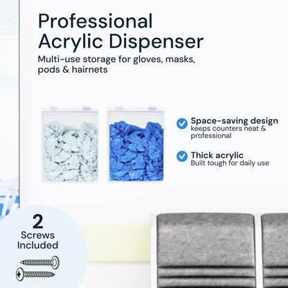 SimplyImagine Clear Acrylic Glove Dispenser - Storage Wall Mount Storage for Hairnets, Masks, and Laundry Pods - 8.25" H x 6.5" W x 5" Holder for Estheticians and Home - Hardware Included