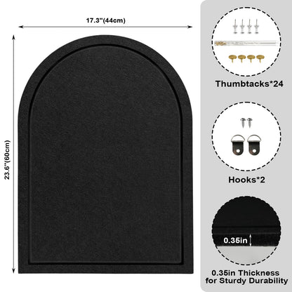Arched Felt Bulletin Board, Sized 24" x 18" Cork Board Alternative Grooved Edge Foldable for Office & Wall, Customizable Adhesive Tiles with Pins Hooks for Photo Display School Home Office, Black