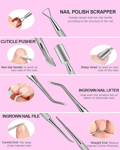 MORGLES Cuticle Remover Kit, 100/180 Nail File and Nail Buffer Blocks, 1 Pcs Rose Cuticle Oil and Professional Pedicure Manicure Tools, Nipper Cutter for Fingernails and Toenails