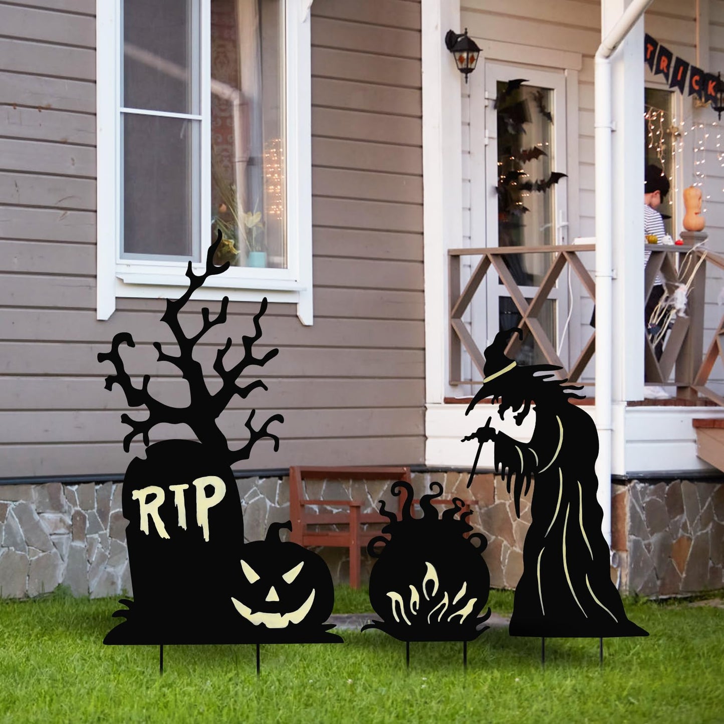 3 Pack Halloween Yard Signs Outdoor Decorations - Glow in the Dark Scary Witch Tombstone Cauldron Metal Stakes, Waterproof Fluorescent Lawn Garden Halloween Decor for Graveyard Party (Witch Tombstone Cauldron, 3 Pack)