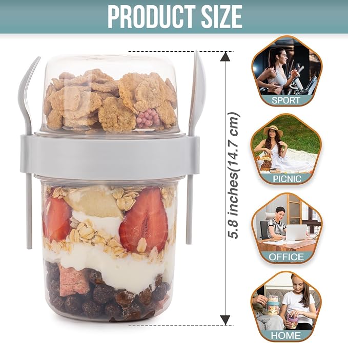 4-Pack Reusable Yogurt Parfait Cups with Lids & Built-In Spoon & Fork – BPA-Free Dual-Compartment Containers for Breakfast, Oatmeal, Granola, Gym, Travel – Leakproof & Dishwasher Safe – (22 oz-650 ml)