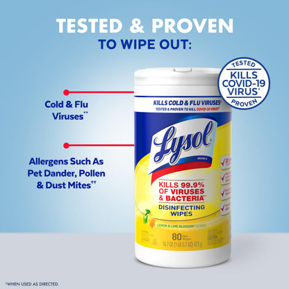 Lysol Disinfectant Wipes, Multi-Surface Antibacterial Cleaning Wipes, For Disinfecting and Cleaning, Lemon and Lime Blossom, 80 Count (Pack of 3)