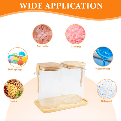 Glass Bath Salt Jars,40oz Bath Salt Container with Scoop and Airtight Lid,Clear Bathroom Salts Cellar Set for Jars with Tray,Labels and white Markers,Bathroom Decor Bathtub Accessories for Women