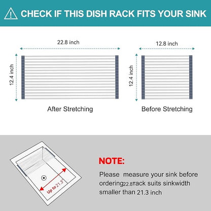 BBXTYLY Extra Large Expandable Roll Up Dish Drying Rack,Over The Sink Drying Rack Sink Cover Kitchen Sink Accessories Kitchen Rolling up Stainless Steel Drainer, Foldable,Rollable（Gray，22.8''-12.4''）