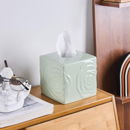 Light Green Ceramic Cube Tissue Box Cover with Rose – Large Elegant Rose Floral Square Decorative Tissue Box Holder for Bathroom, Bedroom, Office Desk, Kitchen Counter – Perfect Housewarming Gift