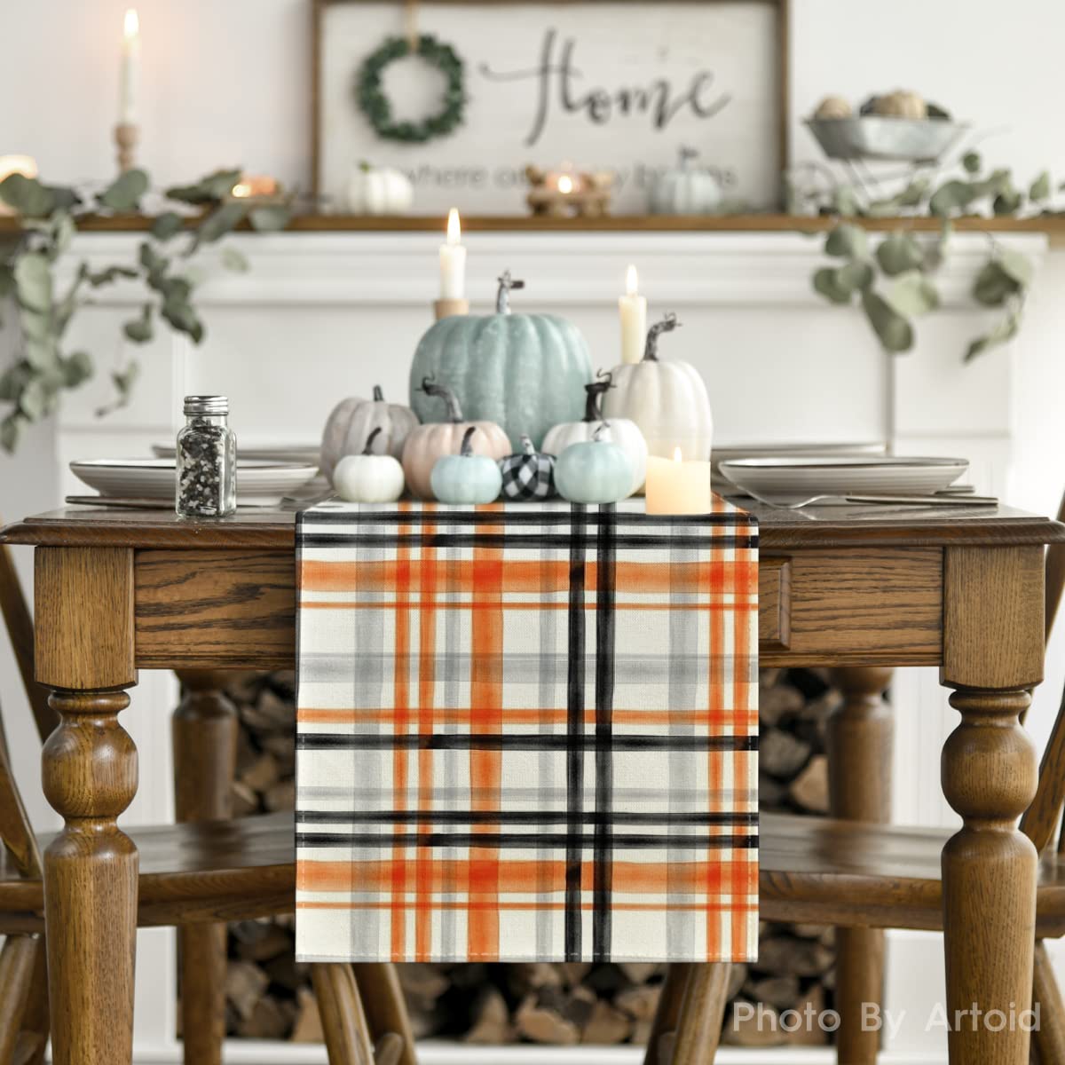 Artoid Mode Orange Black Buffalo Plaid Fall Table Runner, Halloween Kitchen Dining Table Decoration for Outdoor Home Party 13x120 Inch