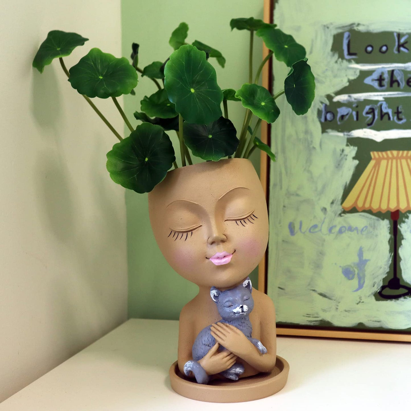 Dolkgy Cute Face Planter with Cat Head Planter Pot for Indoor Outdoor Plants, Succulent Planters with Drainage, Decorative Flower Pots for Home Garden Office Décor