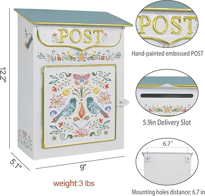 Mailbox Wall Mount Mailboxes for Outside Vintage Mail Boxes for House Outside Metal Drop Box Antique Style Nostalgic Charm Home Decorative, Flower Pattern