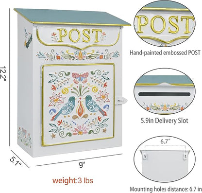 Mailbox Wall Mount Mailboxes for Outside Vintage Mail Boxes for House Outside Metal Drop Box Antique Style Nostalgic Charm Home Decorative, Flower Pattern