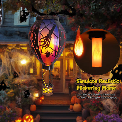 Halloween Outdoor Decorations Hot Air Balloon Solar Lantern with Flickering Flame, Hanging Outdoor Lanterns with Skull Pattern Hollowed-Out Design Halloween Party Decor for Garden, Patio (Halloween)