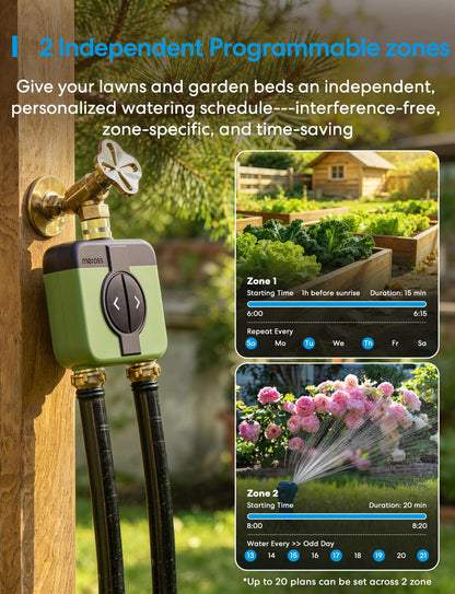 meross WiFi Water Timer for Garden Hose, 2 Zone WiFi Hose Timer with Brass Inlet and Outlet, WiFi Sprinkler Controller, Rain Delay, Smart Water Valve for Garden, Lawn & Yard, Remote & Voice Control