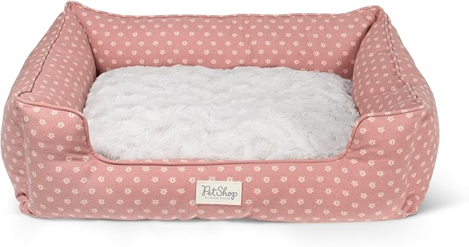 Fringe Studio Ditsy Block Dark Blush 29" W x 24" D x 9" H Medium Rectangular Cuddler Pet Bed W/Reversible Cushion, 100% Cotton Canvas Exterior, Machine Washable, PetShop Collection (755MD002)