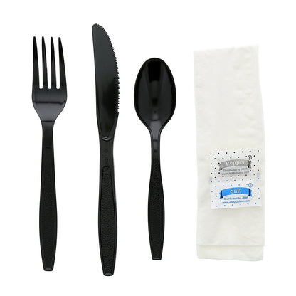 AmerCareRoyal 6-in-1 Disposable Silverware Heavy Weight Plastic Utensil Set with Teaspoon, Fork, Knife, Salt & Pepper Packets, 13x17 Napkin - Individually Wrapped Cutlery Meal Kit, Black, Case of 250