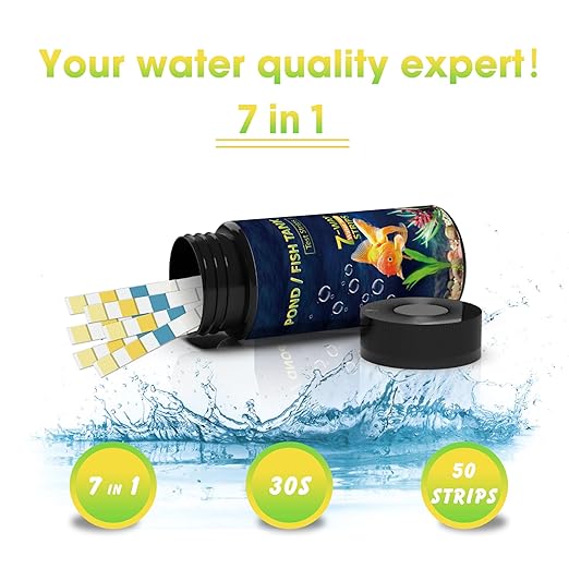 7IN1 Aquarium Test Strips - 50 Strips Aquarium Test Kit Fish Tank Test Kit Quick&Accurate Testing Freshwater&Saltwater Nitrate Nitrite Hardness Free Chlorine pH Carbonate Total Alkalinity
