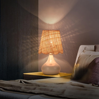 Light Blue Boho Small Table Lamp for Small Spaces, Small Rattan Shade Bedside Lamp for Bedroom, Cute Nightstand Light for Bedside, Kitchen Counter, Bookshelf Lamp, Home Office, Living Room, Dorm