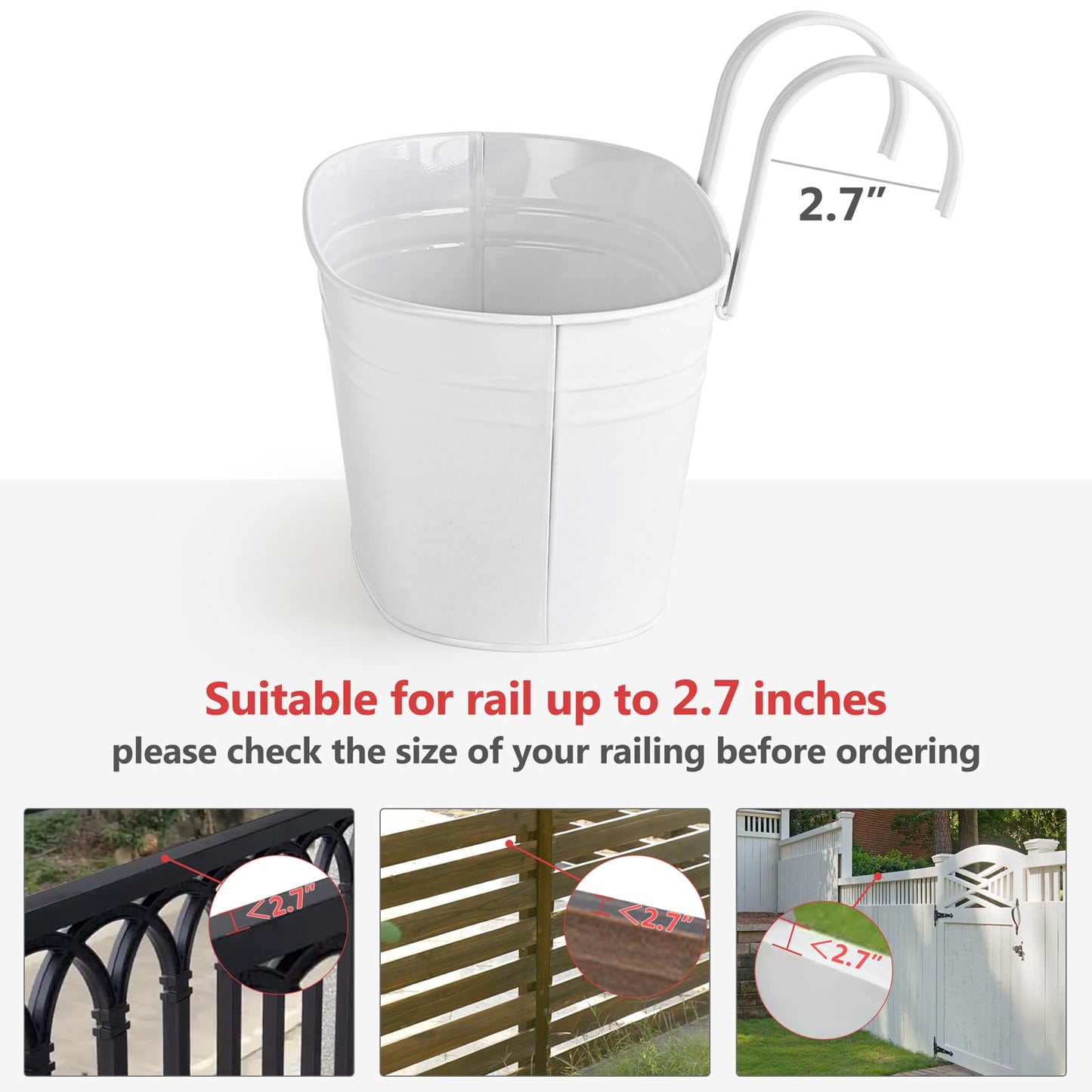 Dahey 10.5 Inch Metal Iron Hanging Flower Pots for Railing Fence Hanging Bucket Pots Countryside Style Outdoor Planter Window Flower Plant Holder with Detachable Hooks Home Decor,White,4 Pcs