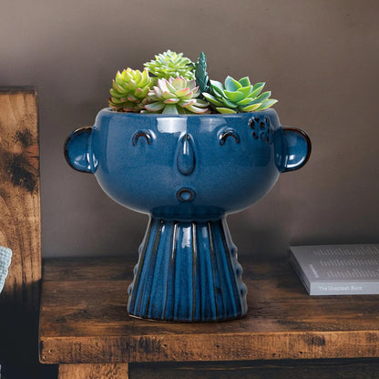 Fivepot Head Planter Pot - 7 Inch Cute Face Planter for Indoor Outdoor Plants Ceramic Succulent Pot Round Flower Pot Present for Mother Christmas with Drainage Hole Blue