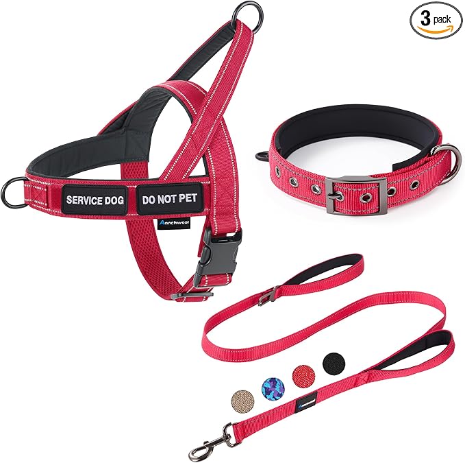 Annchwool No Pull Dog Harness,Heavy Duty Reflective Collar & Leash Set-Leash with Double Handle & Car Seatbelt Clip-Easy Control for Walking Training Medium Large Size Dogs(Red,XL)