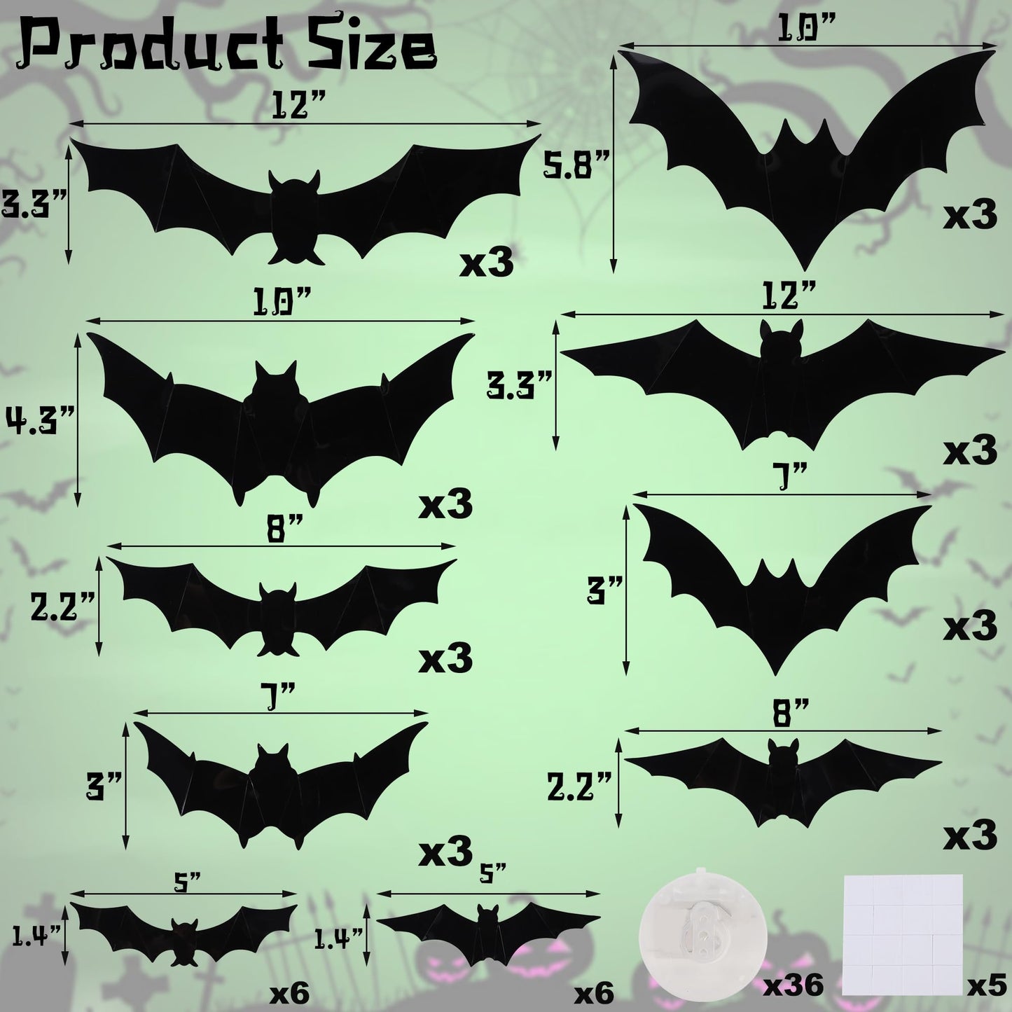 DR.DUDU 36 Pack Bats Halloween Decorations Bat Wall Stickers