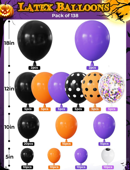 Halloween Balloon Garland Arch Kit, 138PCS Purple Orange and Black Balloons with BOO Foil Balloons, Spider Web, Eyeball Balloons for Birthday, Halloween Party Decorations Indoor Outdoor