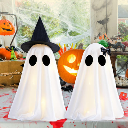 KIWDY [Timer] Light Up Halloween Scary Ghost Decorations, Set of 2 DIY Spooky Crafts for Indoor Home Mantel Shelf & Tabletop Decor White