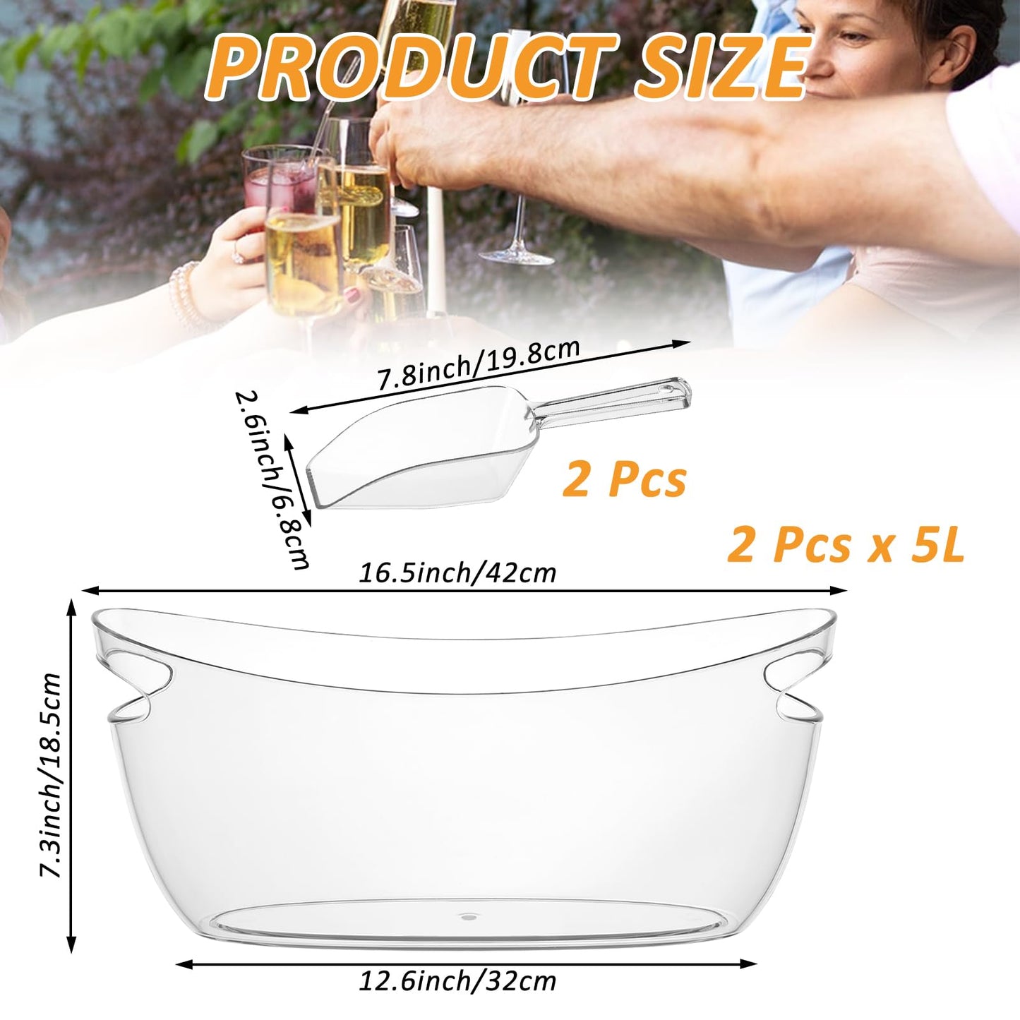 2 PCS Clear Ice Bucket Set - 5L Ice Buckets for Parties with Ice Bucket Scoop, Champagne Beer Tub Wine Beverage Bucket for Cocktail Bar, Parties, and Events